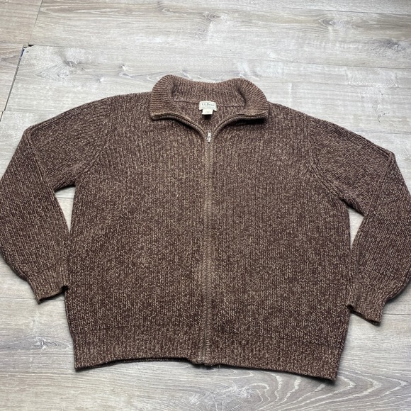 L.L. Bean Other - LL Bean Full Zip Sweater Mens L Brown Marled Cotton Ribbed Knit Cardigan Outdoor